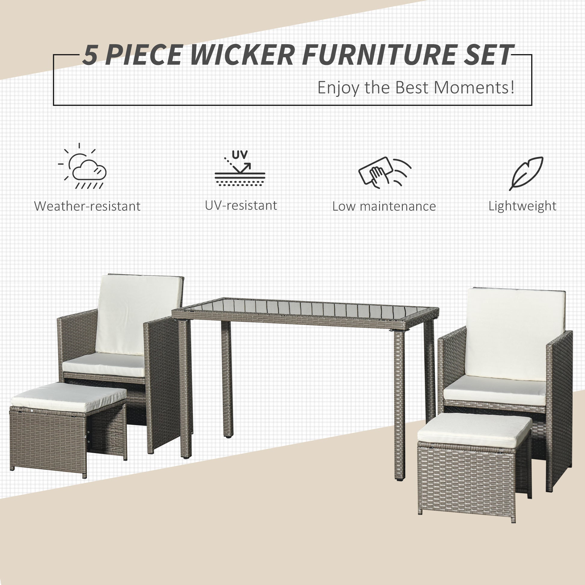 5 Pcs Rattan Garden Sofa Set Wicker Furniture Set with Cushion Footrest