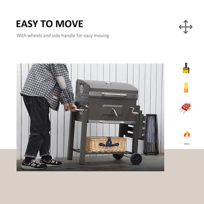 Charcoal Grill BBQ Trolley Wheels Garden Metal Barbecue W/ Shelf Grey