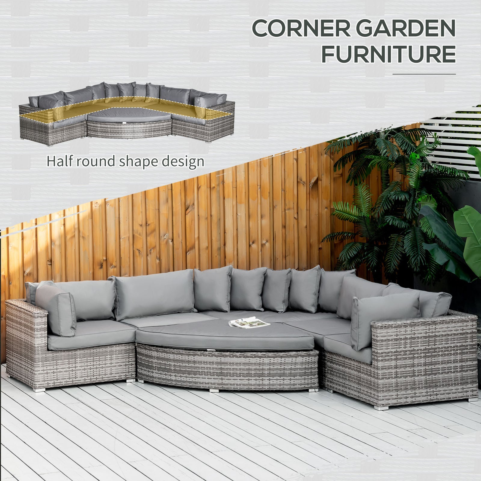 6 Pcs Outdoor Rattan Sofa Set Half round Conversation Set W/ Cushions Pillows