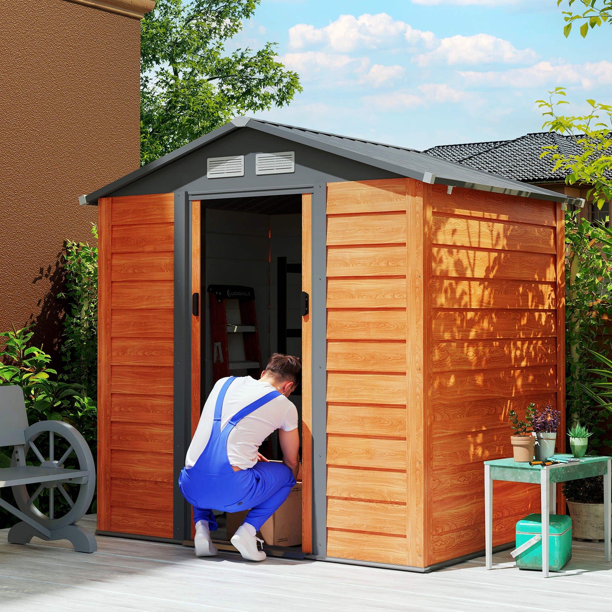 Garden Shed Tool Storage Overlap Construction Sliding Door Brown Wood Grain