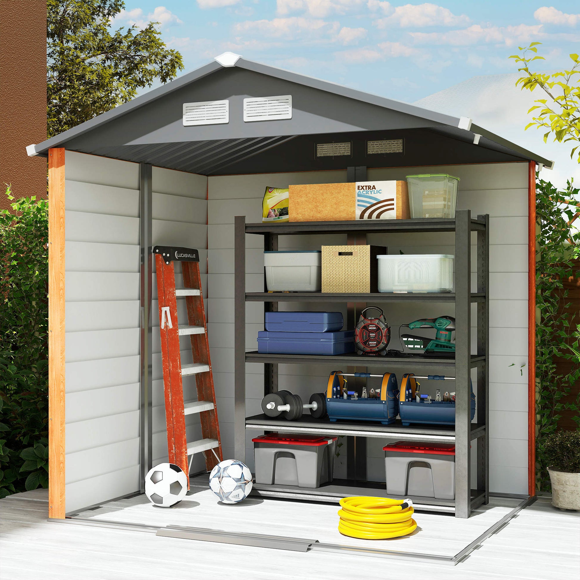 Garden Shed Tool Storage Overlap Construction Sliding Door Brown Wood Grain