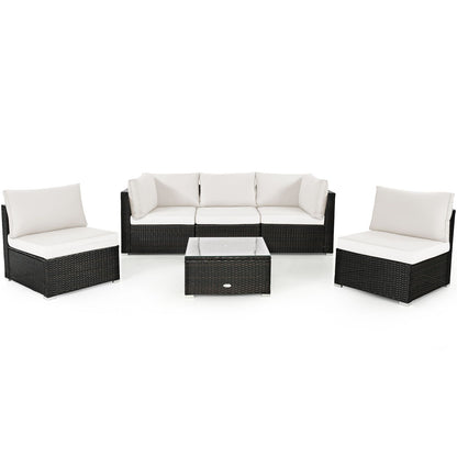 6 Piece Outdoor Rattan Sofa Set with Soft Seat and Back Cushions