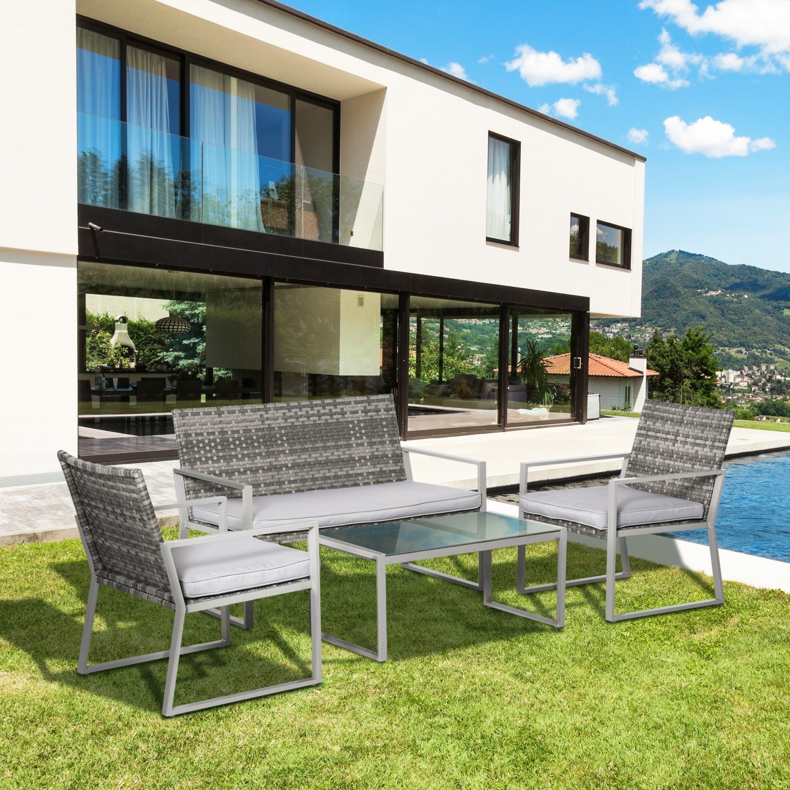 4-Piece Deluxe Outdoor Patio PE Rattan Wicker Sofa Chaise Lounge Furniture Set