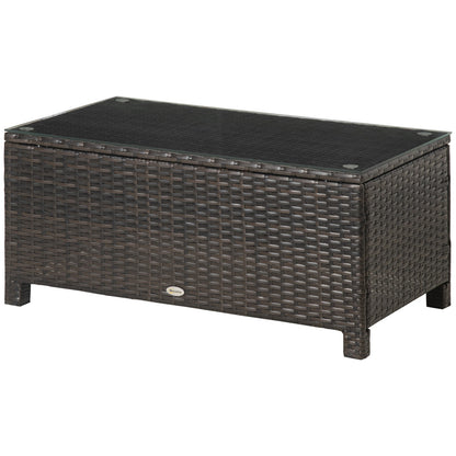 Outsunny Garden Rattan Side Table,Wicker Coffee Desk, Glass Top, Mixed Brown