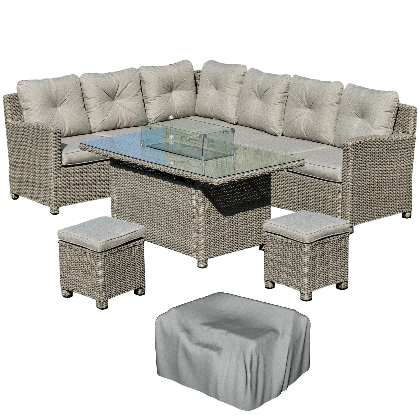 5 Pcs Outdoor Rattan Corner Dining Set Footstool Gas Fire Pit Table Furniture