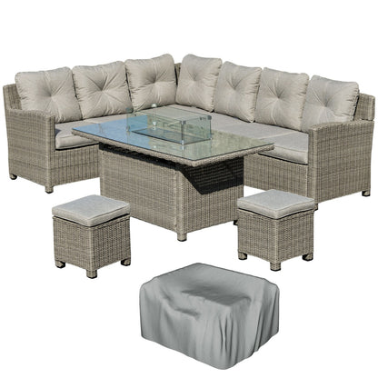 5 Pcs Outdoor Rattan Corner Dining Set Footstool Gas Fire Pit Table Furniture