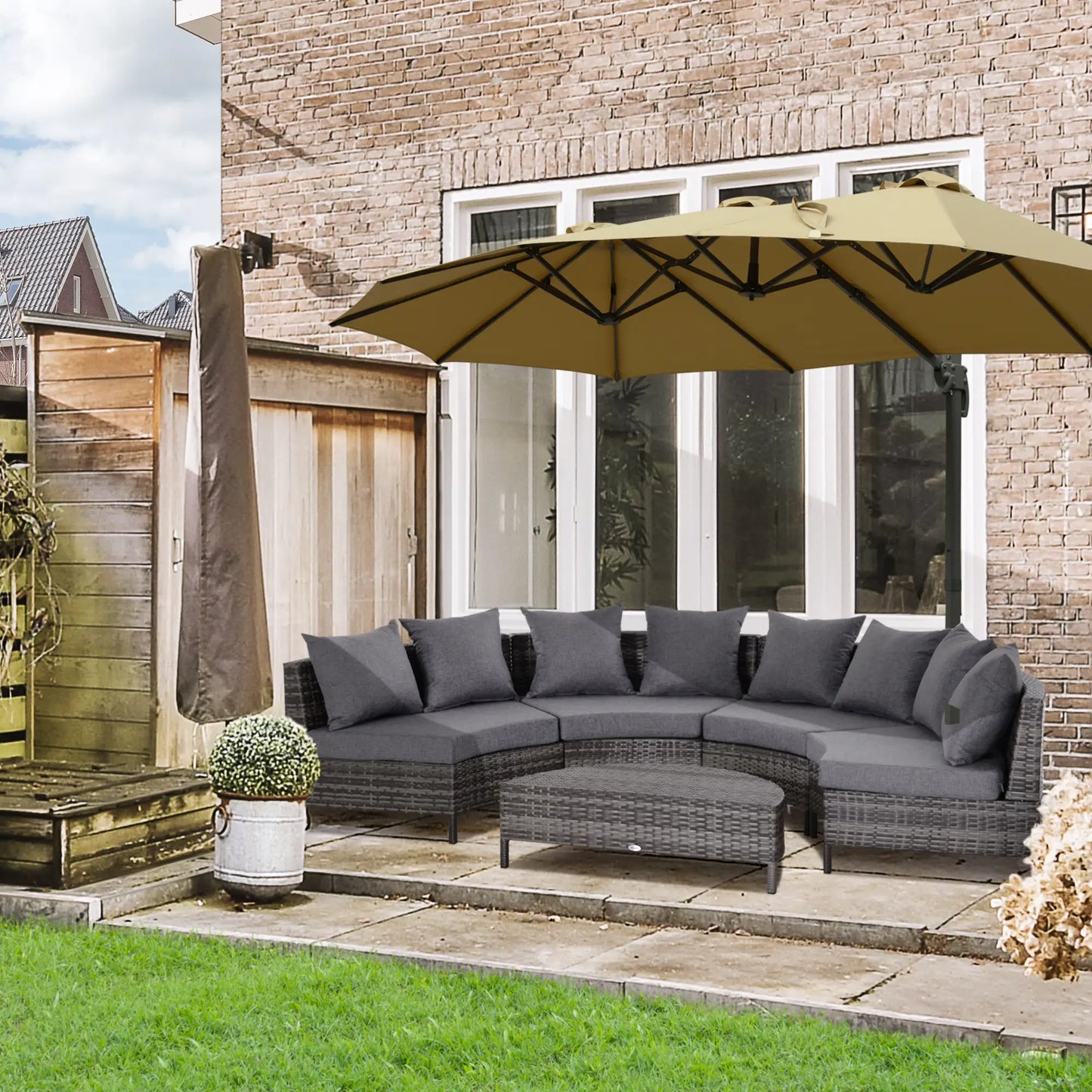 Outsunny 5 Pieces Rattan Garden Furniture Set, 4 Seater Half-Round Garden Sofa Set with Thickened Cushions