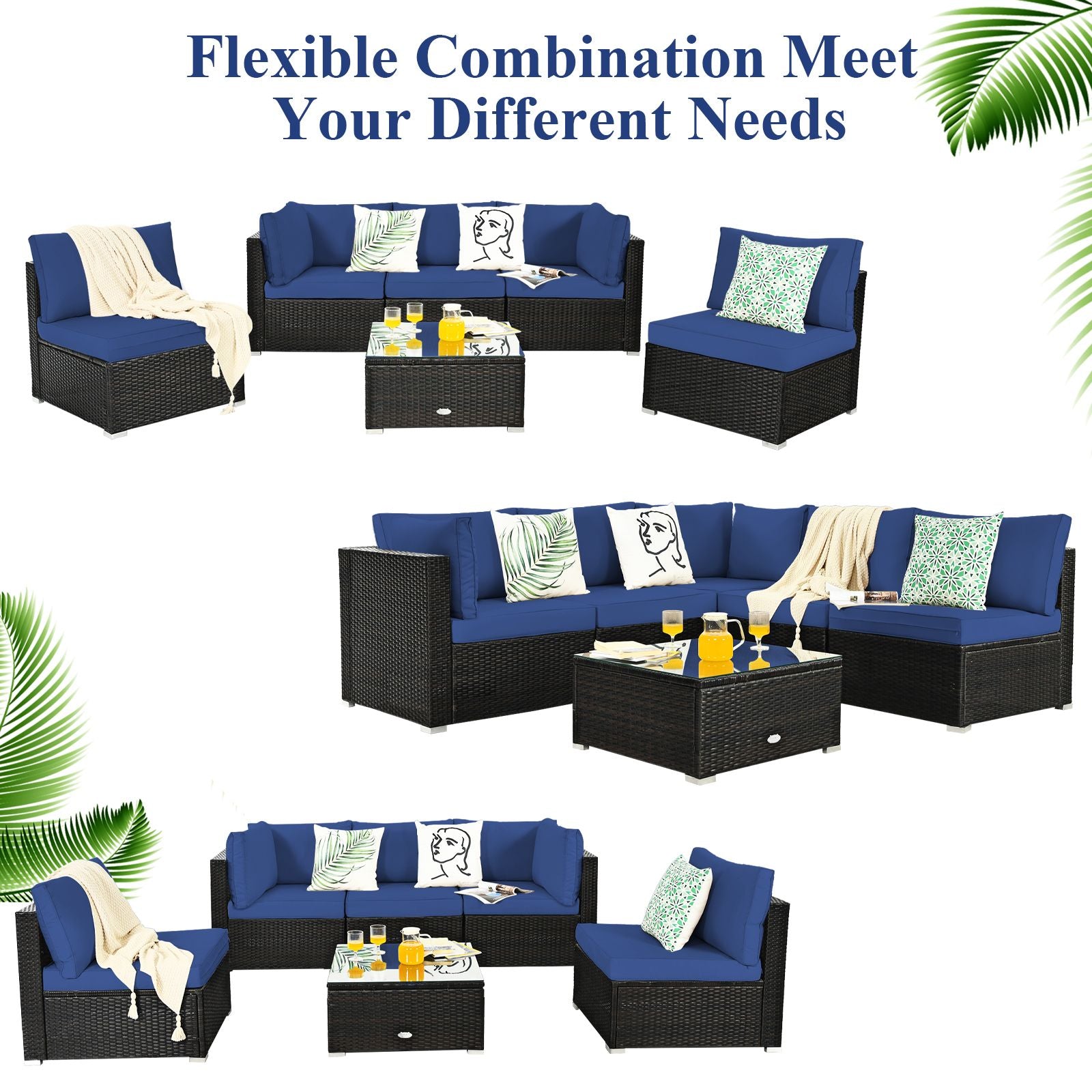 6 Piece Outdoor Rattan Sofa Set with Soft Seat and Back Cushions