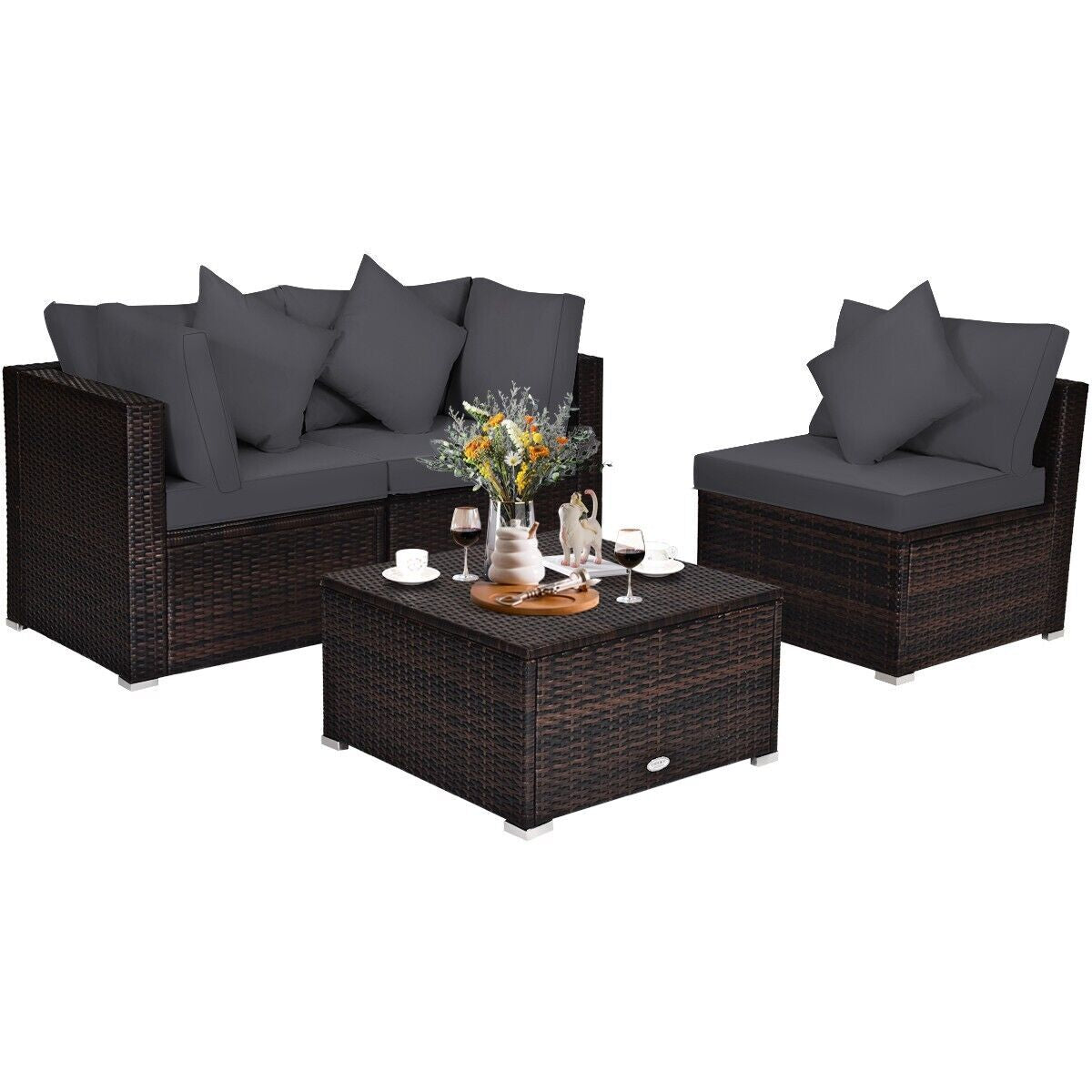 4 PCS Rattan Patio Conversation Set Outdoor Furniture Sofa Set W/ Coffee Table