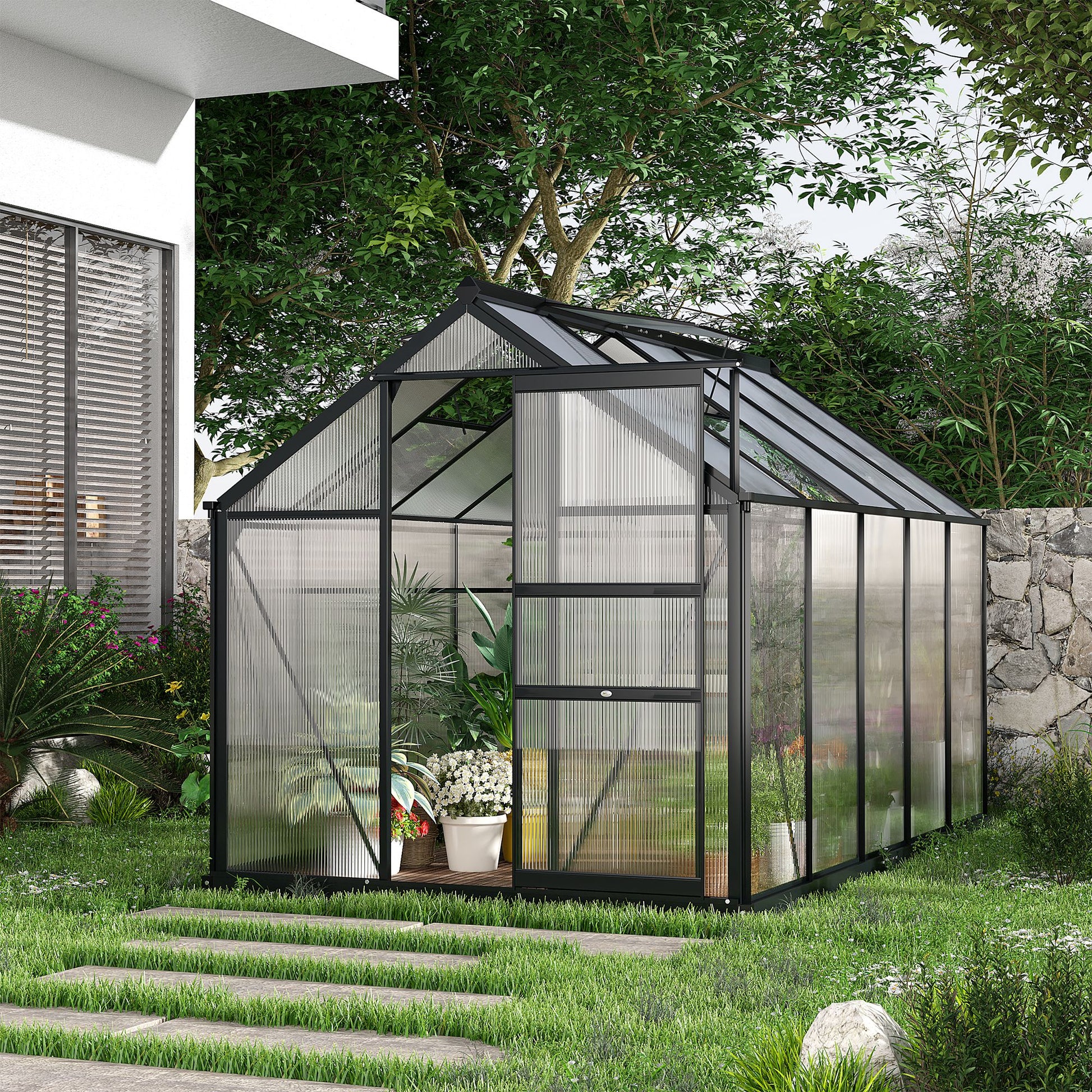 Polycarbonate Walk-In Garden Greenhouse Aluminium Frame Slide Door Window