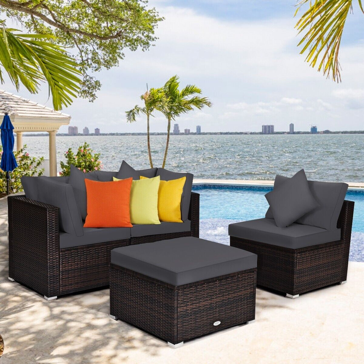4 PCS Rattan Patio Conversation Set Outdoor Furniture Sofa Set W/ Coffee Table