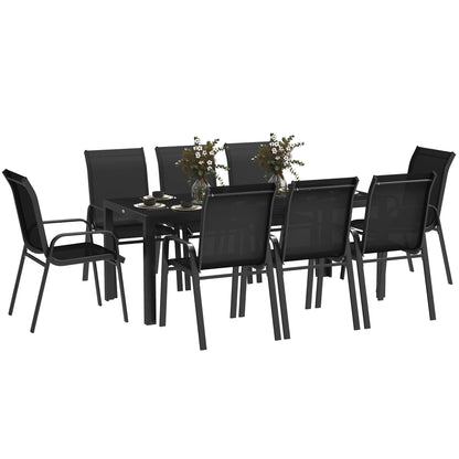 8 Seater Garden Dining Set with Stacking Chairs, Rectangular Tempered Glass Top, Garden Furniture Set, Black