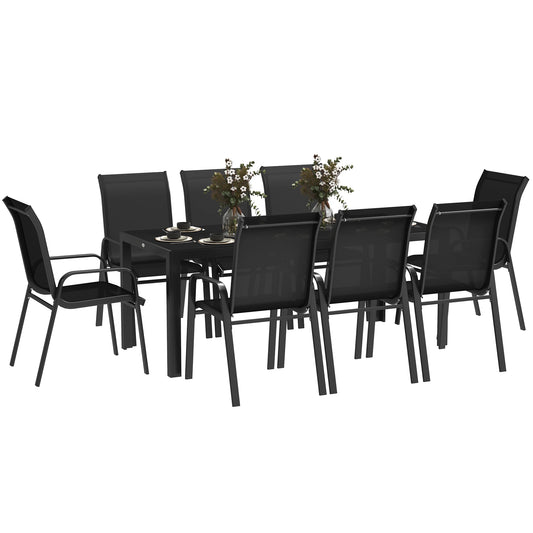 8 Seater Garden Dining Set with Stacking Chairs, Rectangular Tempered Glass Top, Garden Furniture Set, Black