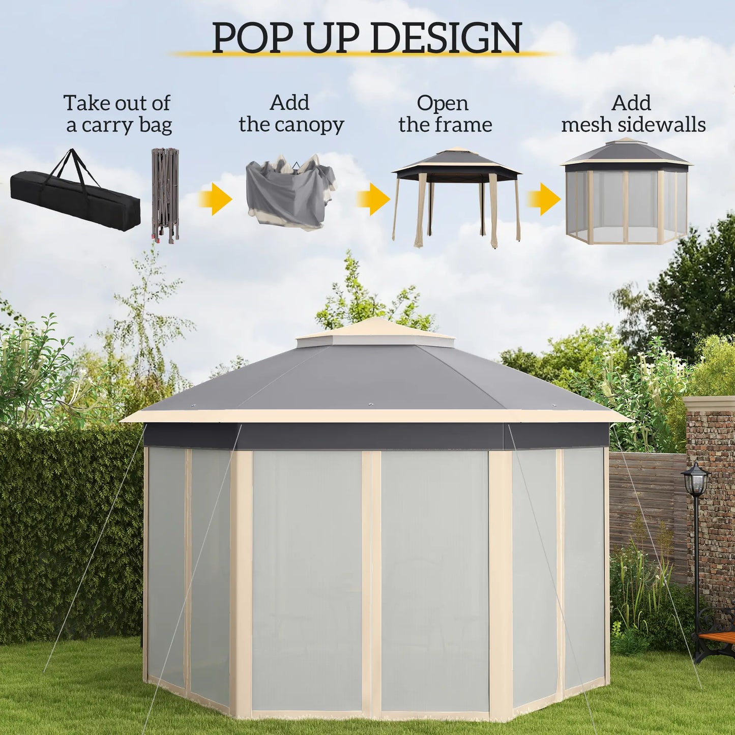 Outsunny 3 x 4m Metal Frame Hexagon Gazebo, with Curtains
