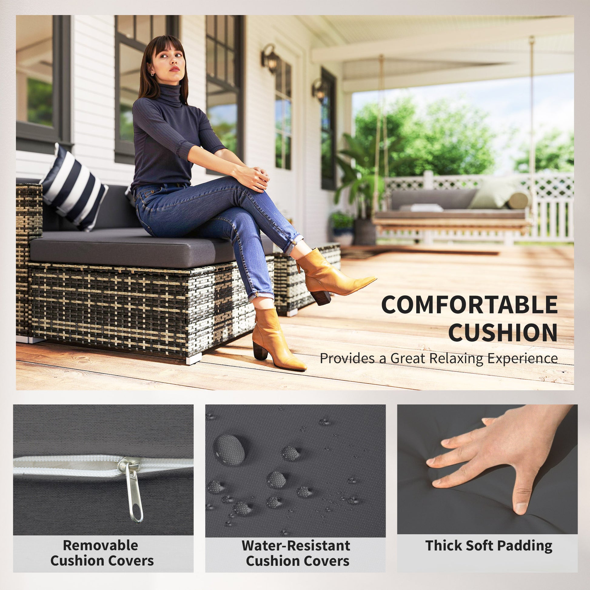 5 Pieces Rattan Sofa Set Wicker Sectional Furniture Cushion Black Brown Grey