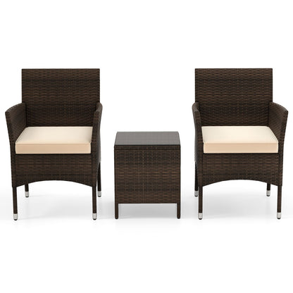 3 Pieces Patio Rattan Furniture Set with Soft Cushions and Glass Top Table