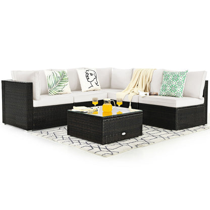 6 Piece Outdoor Rattan Sofa Set with Soft Seat and Back Cushions
