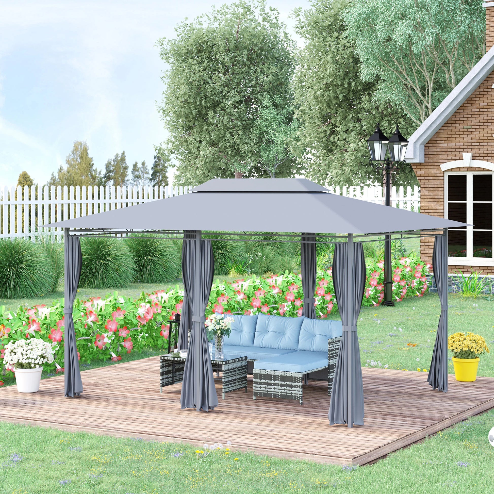 4M X 3(M)Garden Gazebo, Double Roof Outdoor Gazebo Canopy Shelter with Curtains, Solid Steel Frame