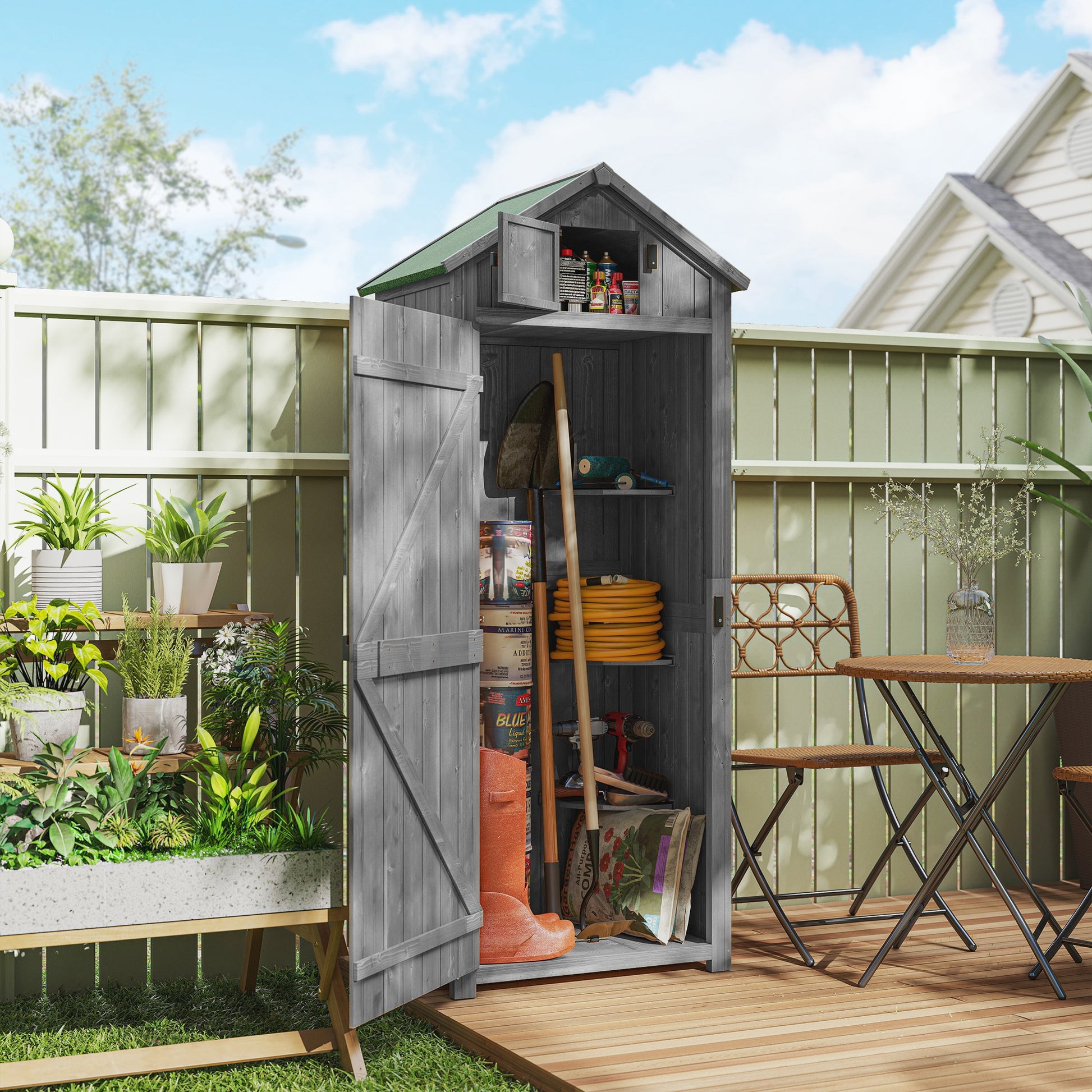 Garden Storage Shed 3 Shelves Tool House W/ Asphalt Roof 77 X 54 X 179 Cm