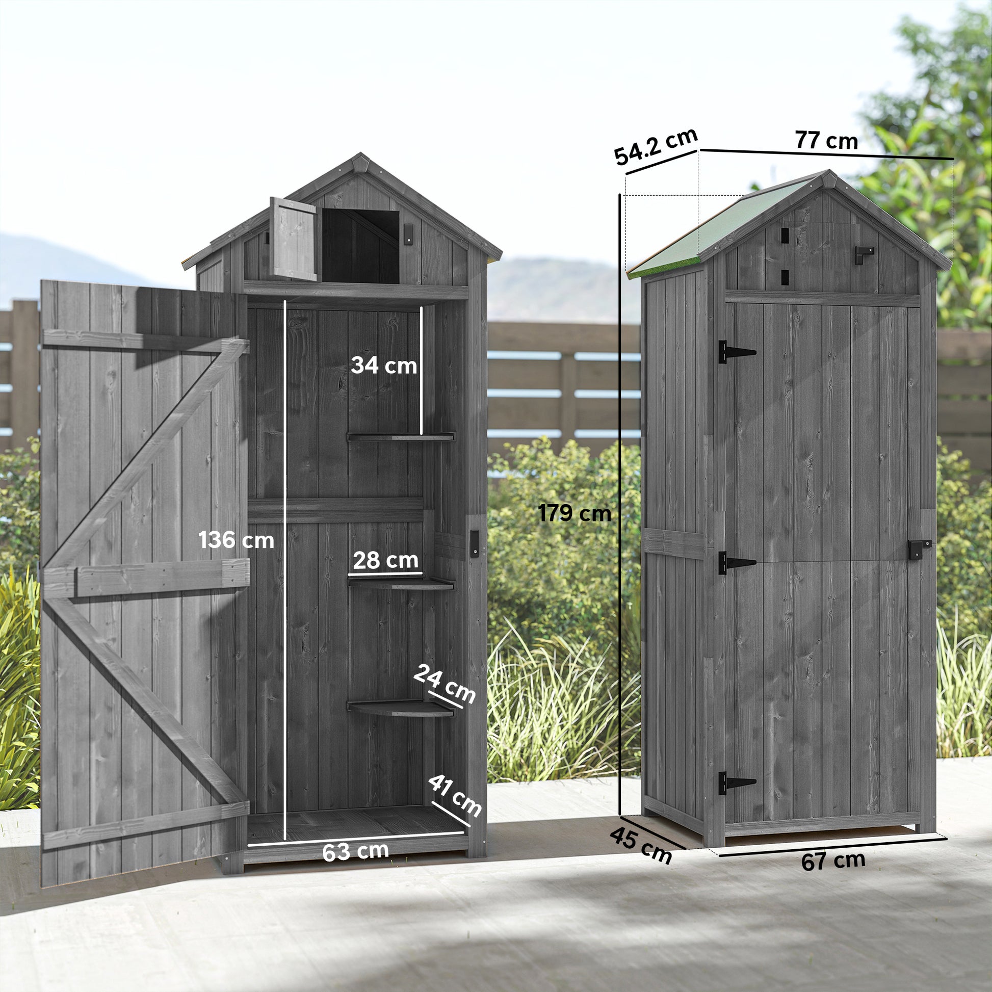 Garden Storage Shed 3 Shelves Tool House W/ Asphalt Roof 77 X 54 X 179 Cm
