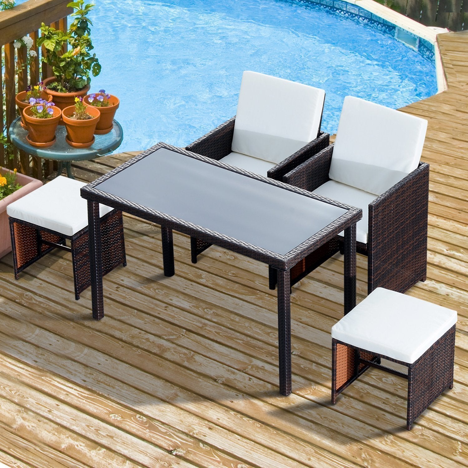 5 Pcs Rattan Garden Sofa Set Wicker Furniture Set with Cushion Footrest