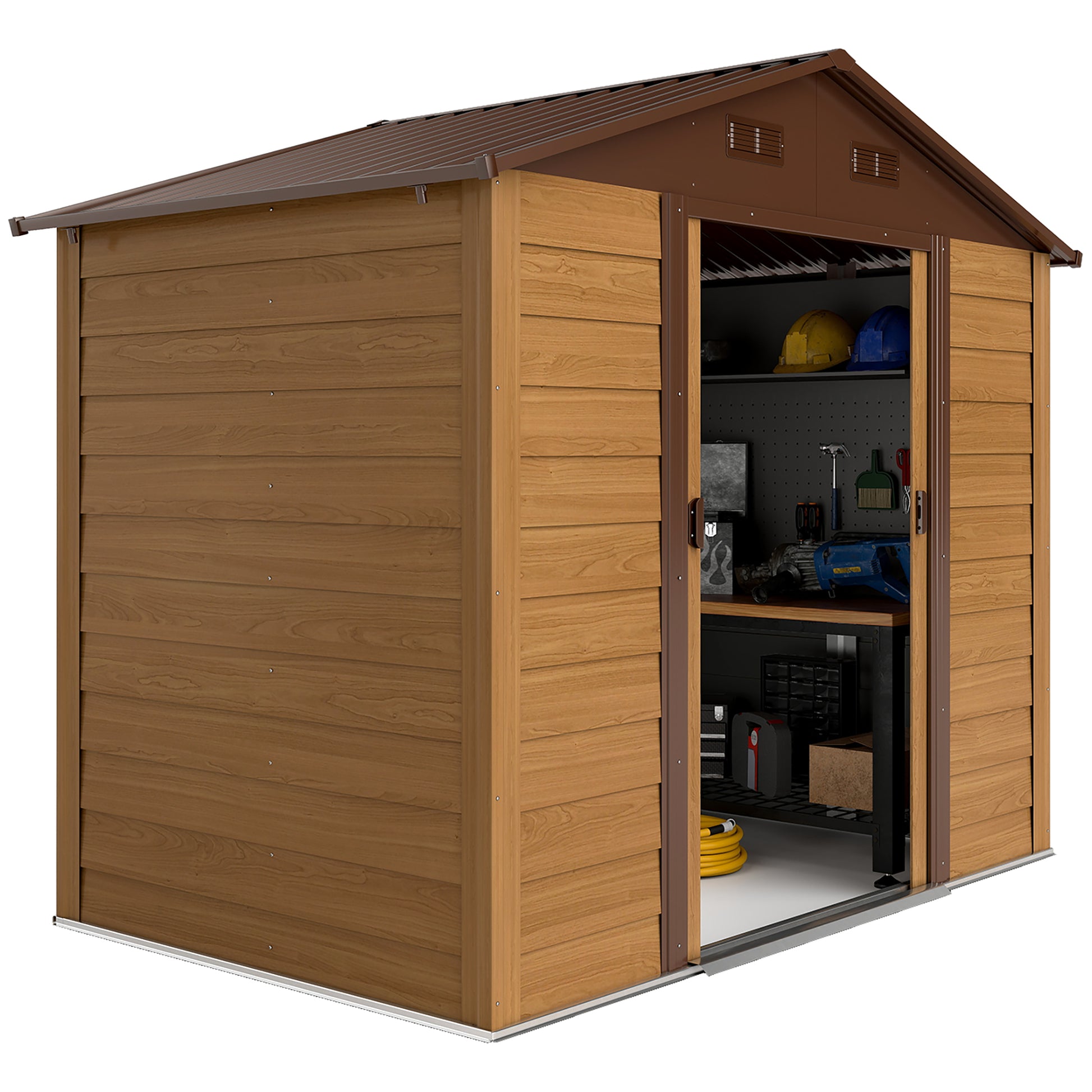 Garden Shed Tool Storage Overlap Construction Sliding Door Brown Wood Grain