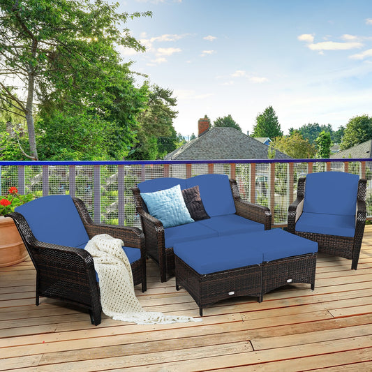 5 PCS Patio Furniture Set Outdoor Rattan Conversation Sofa Set Removable Cushion