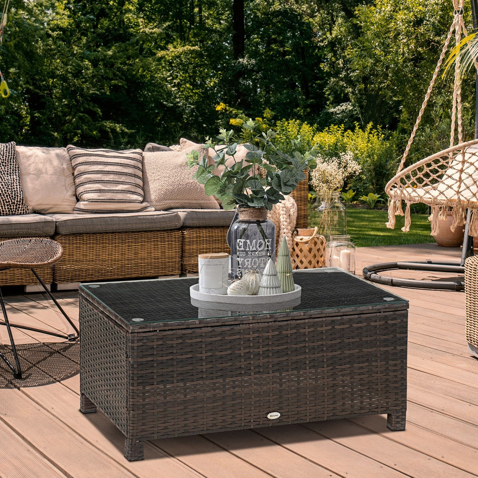Outsunny Garden Rattan Side Table,Wicker Coffee Desk, Glass Top, Mixed Brown