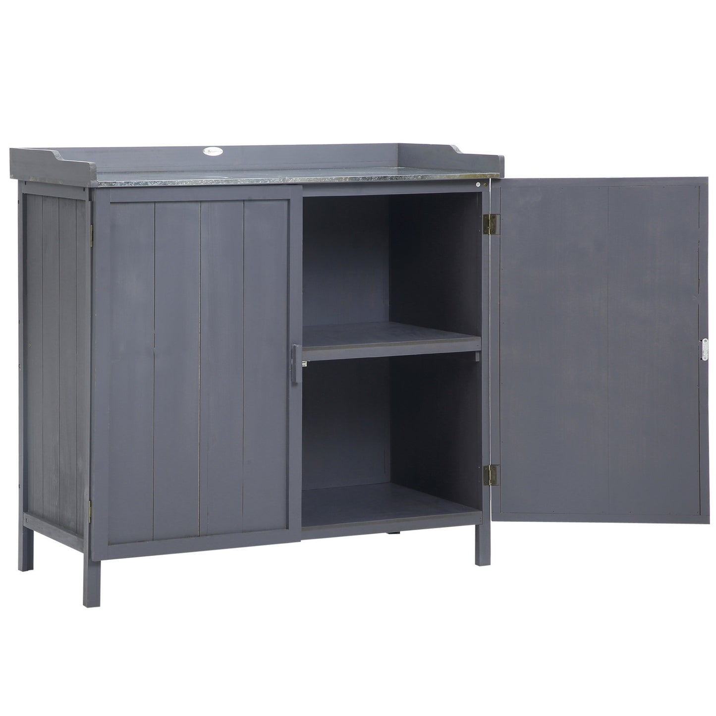Outsunny Garden Storage Cabinet Potting Bench Table with Galvanized Top, Grey