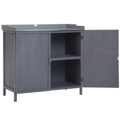 Outsunny Garden Storage Cabinet Potting Bench Table with Galvanized Top, Grey