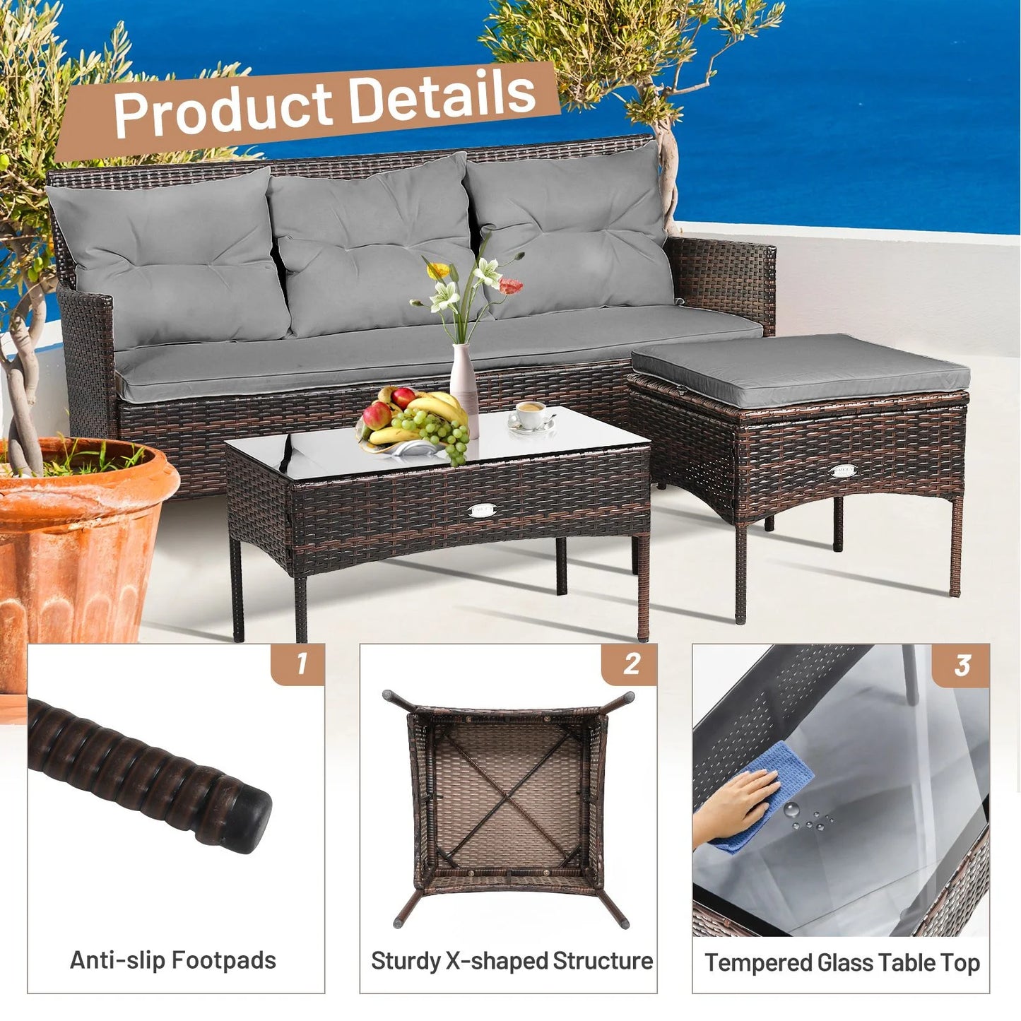 4 Seater Rattan Garden Furniture Set with Cushioned Sofa