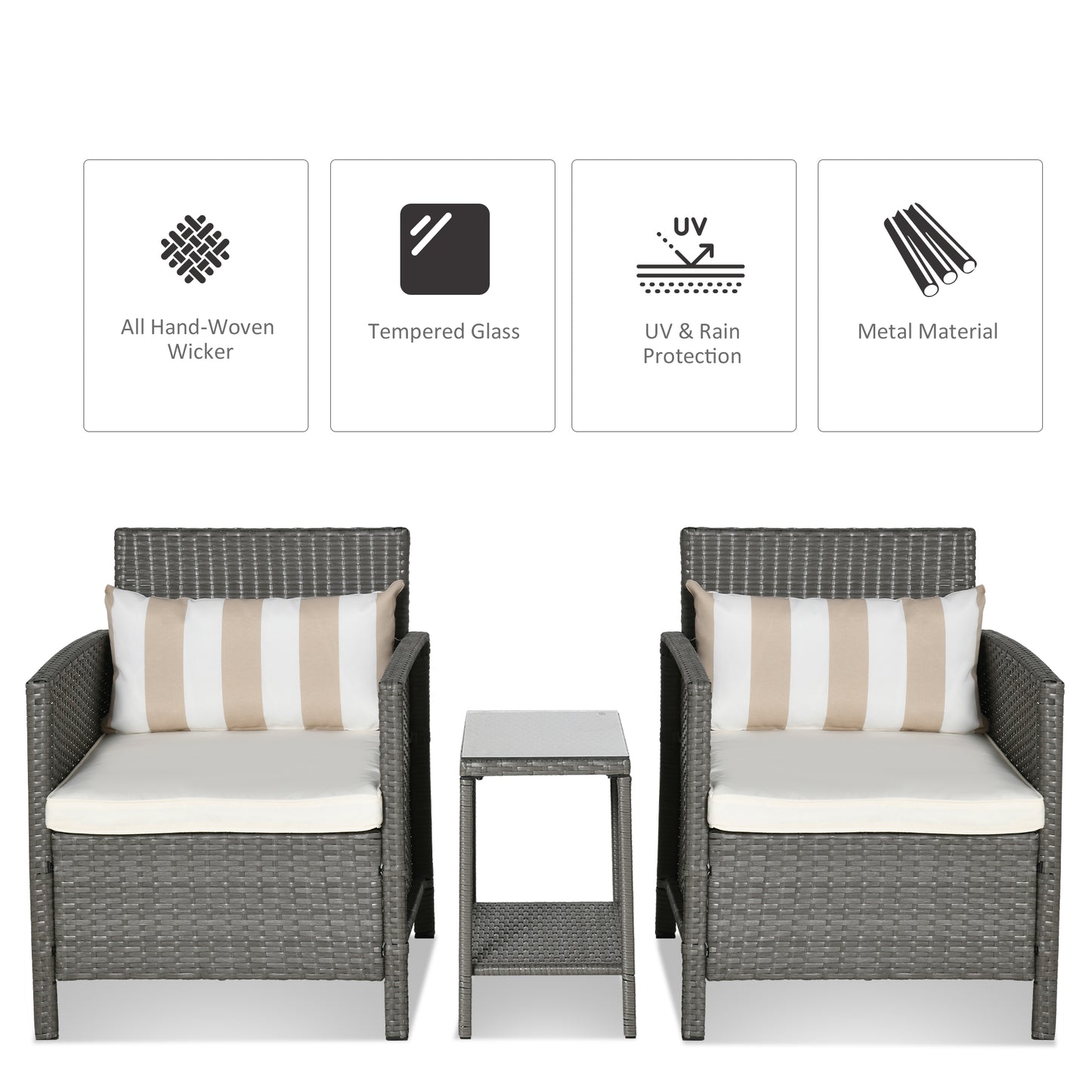 3 Pcs Rattan Outdoor Patio Set 2 Cushioned Single Sofa Coffee Table Conservatory