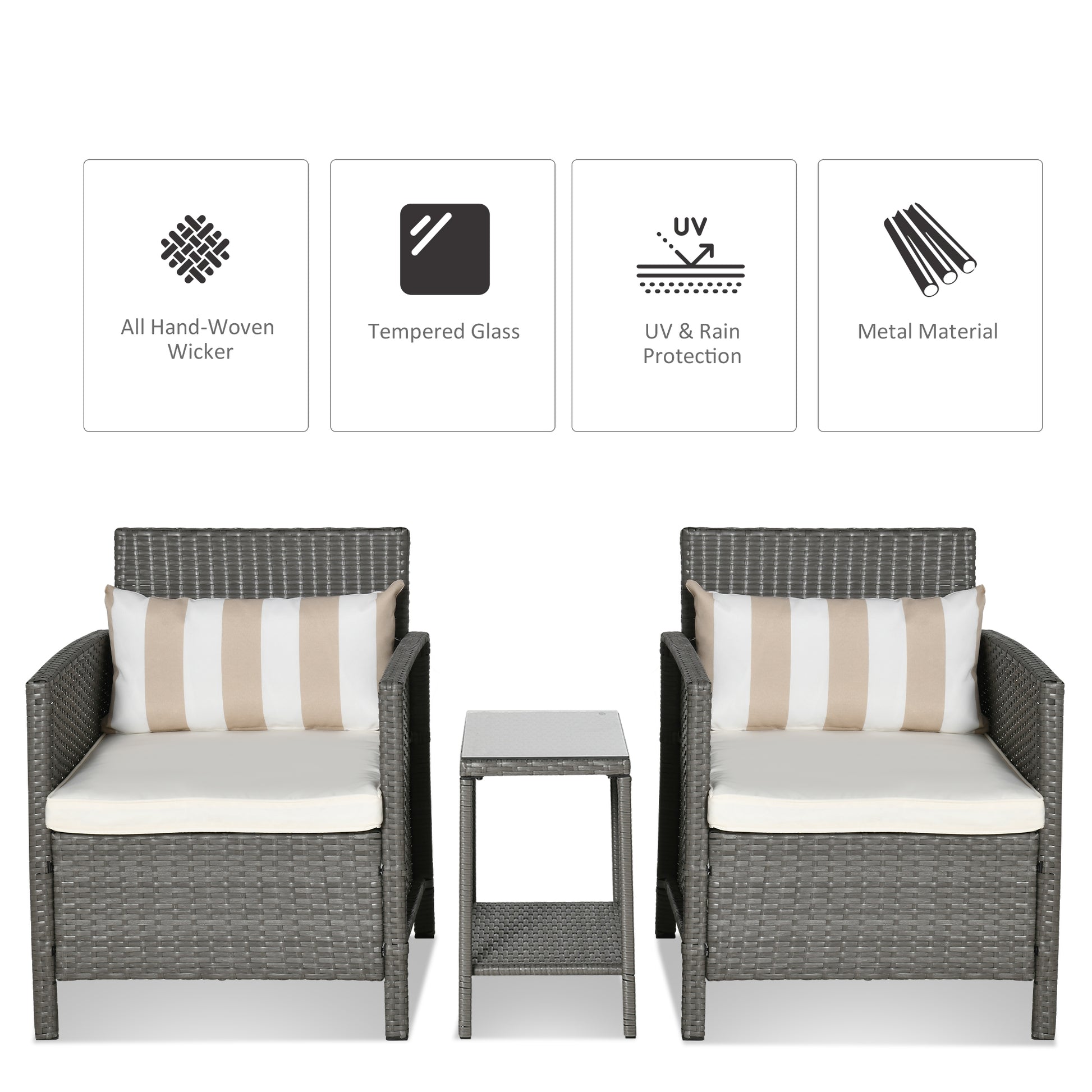 3 Pcs Rattan Outdoor Patio Set 2 Cushioned Single Sofa Coffee Table Conservatory