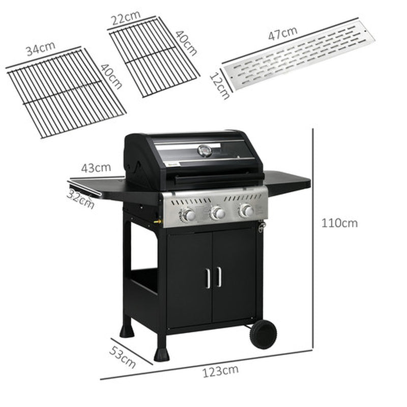 3 Burner Gas BBQ Trolley with See-Through Lid, 9 Kw Propane Gas Barbecue, Black