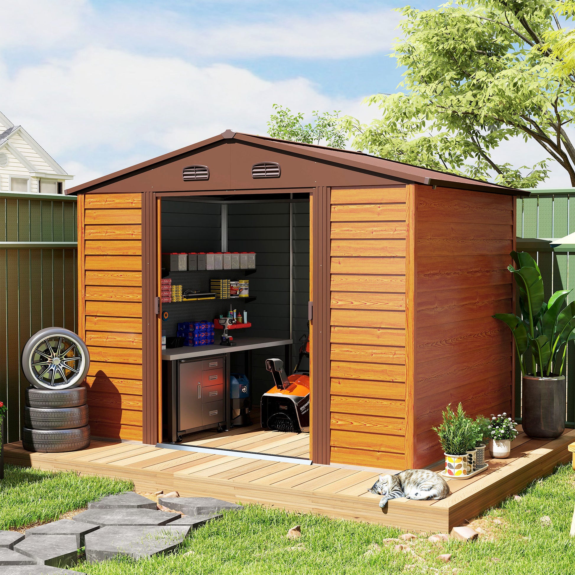 Garden Shed Tool Storage Overlap Construction Sliding Door Brown Wood Grain