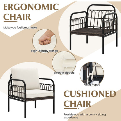 3 Pieces Patio Wicker Furniture Set with Cushioned Chairs and Tempered Glass Coffee Table