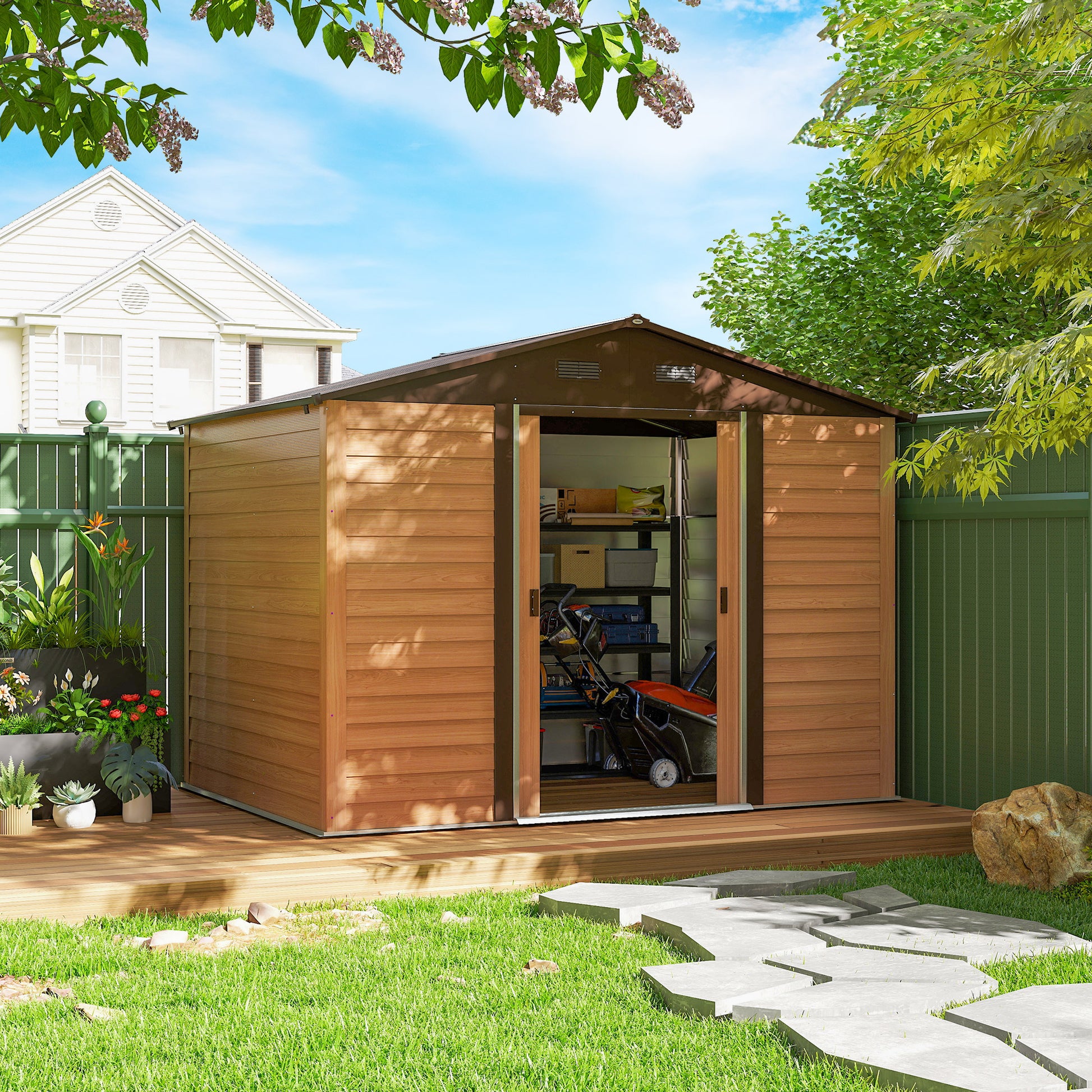 Garden Shed Tool Storage Overlap Construction Sliding Door Brown Wood Grain