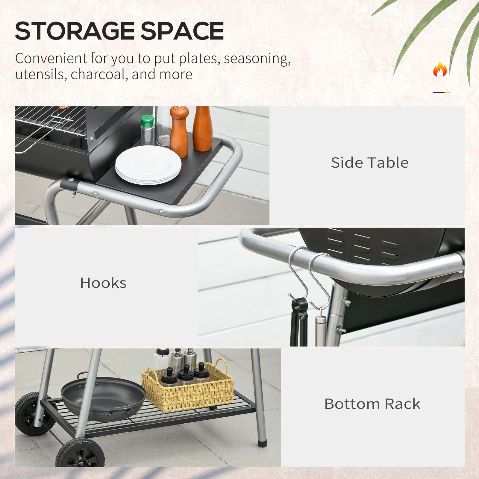 Charcoal Barbecue Grill Trolley with Double Grill, Side Table and Storage Shelf