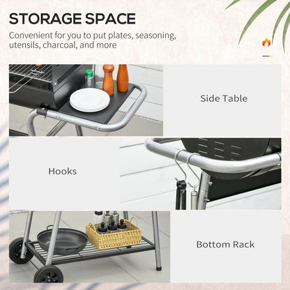 Charcoal Barbecue Grill Trolley with Double Grill, Side Table and Storage Shelf