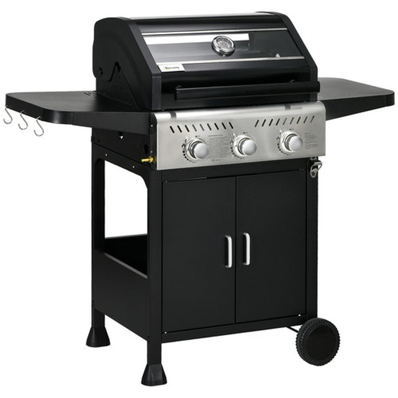 3 Burner Gas BBQ Trolley with See-Through Lid, 9 Kw Propane Gas Barbecue, Black