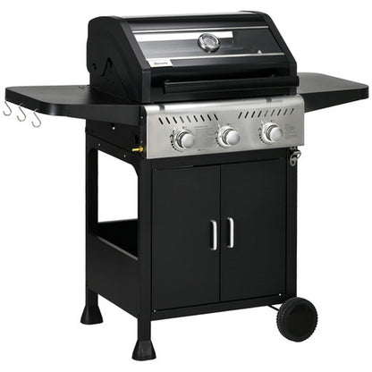 3 Burner Gas BBQ Trolley with See-Through Lid, 9 Kw Propane Gas Barbecue, Black