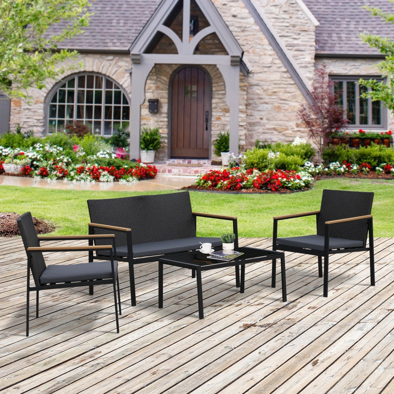4 Pcs PE Rattan Furniture Set W/ 3 Cushioned Chairs Glass Tabletop Table, Black