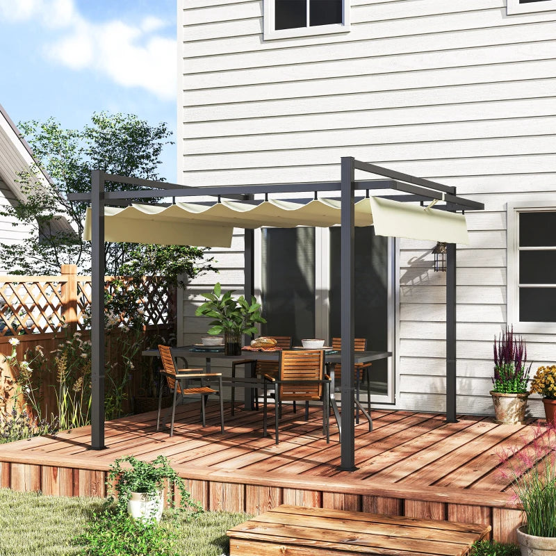 Outsunny 3 x 3m Aluminium Pergola, with Retractable Roof - Grey/Khaki