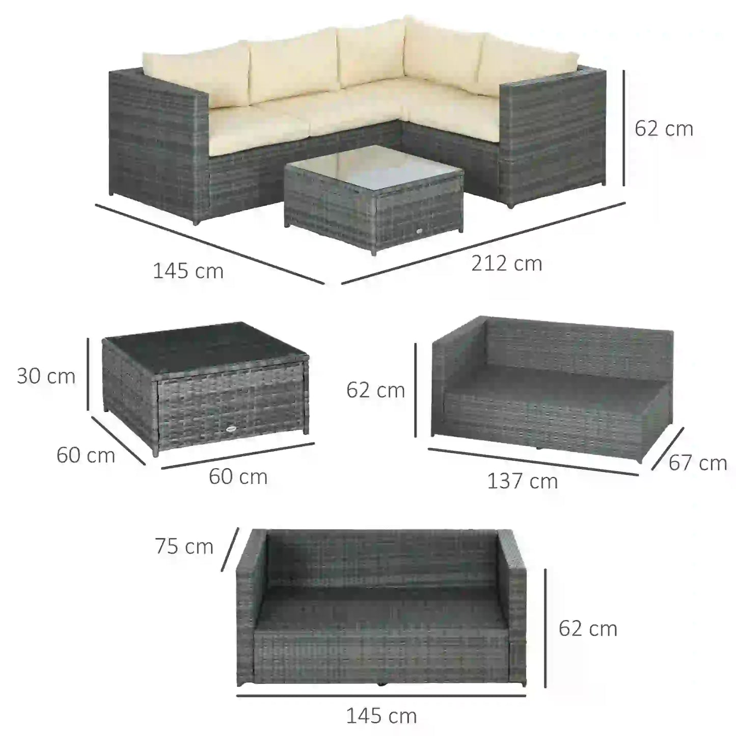 Outsunny 3 Pieces PE Rattan Garden Furniture Set with 10 cm Thick Cushions